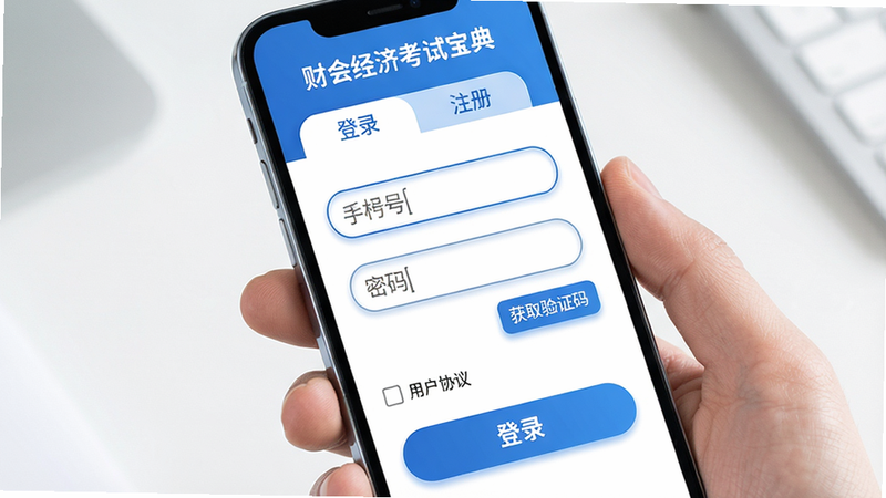 主体为手机屏幕显示“财会经济考试宝典”登录注册界面,布局上方有“登录”和“注册”两个选项卡,中间为手机号输入框、密码输入框和“获取验证码”按钮,下方有“用户协议”勾选框和“登录”大按钮。风格简洁,蓝白配色,细节有输入框圆角、按钮阴影,画质高清干净。