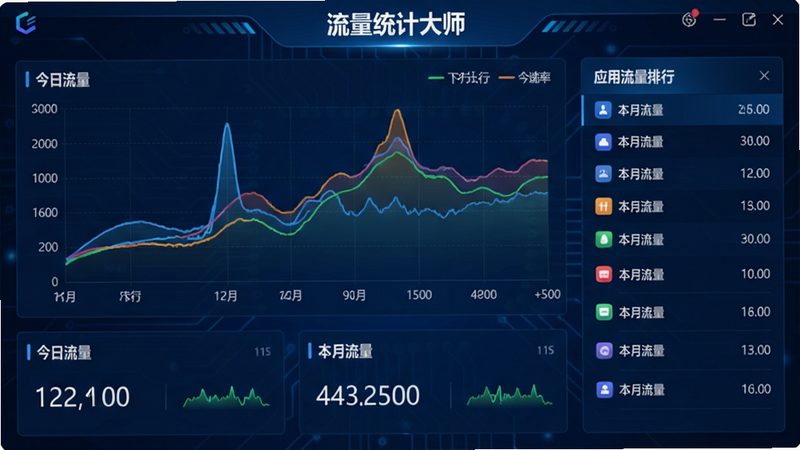 一张展示流量统计大师主界面的截图,整体采用深蓝科技风背景,中央区域显示实时上行/下行速率曲线图,顶部有白色字体“流量统计大师”标题,下方分布“今日流量”“本月流量”数据卡片,右侧有应用流量排行列表,布局清爽,画质高清,无多余元素。