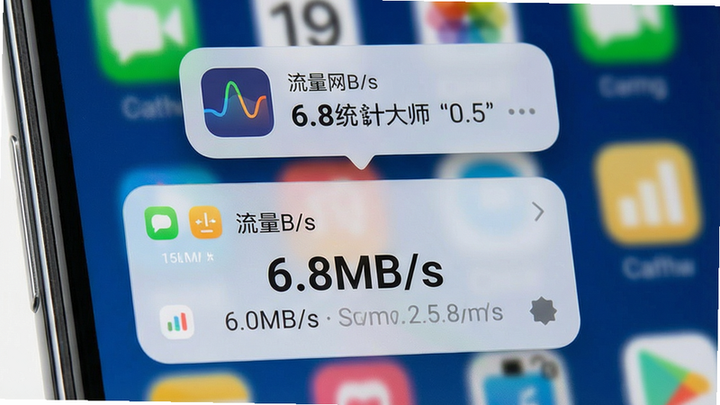 手机通知栏显示实时网速小窗口,背景为系统界面,顶部有“流量统计大师”悬浮小图标,上方显示6.8MB/s等数字,界面简洁,字体清晰,风格写实,画质干净。