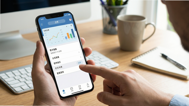 流量统计大师使用指南场景图:手机屏幕显示软件主界面,旁边有用户手指正在点击设置选项,背景为书桌,整体氛围实用,画质清晰,干净无多余元素。