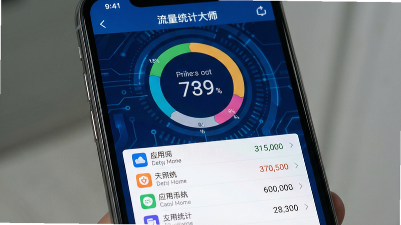 生成一张智能手机屏幕截图,显示流量统计大师的主界面,顶部有“流量统计大师”标题,中间为环形流量占比图,下方列出各应用流量消耗排行,背景采用深蓝色科技风格,界面布局清晰,数据数字显示,画质高清,干净无多余元素