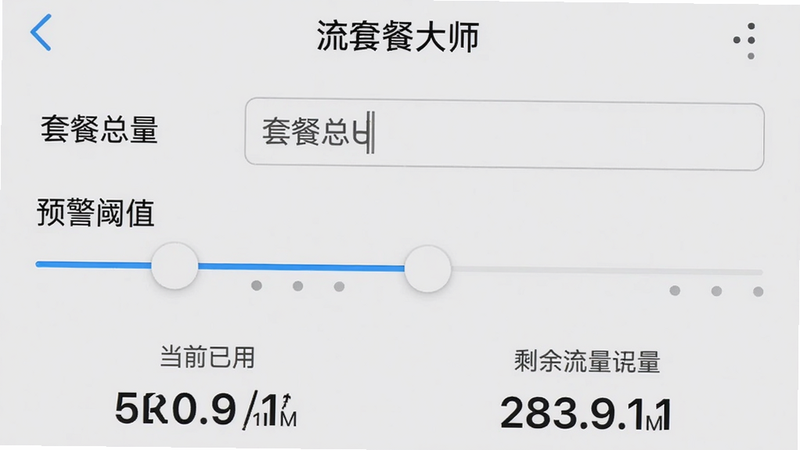 生成一张手机设置界面截图,显示流量统计大师的套餐设置页面,有“套餐总量”输入框和“预警阈值”滑动条,下方显示当前已用和剩余流量,背景为浅灰色,布局整齐,画质高清