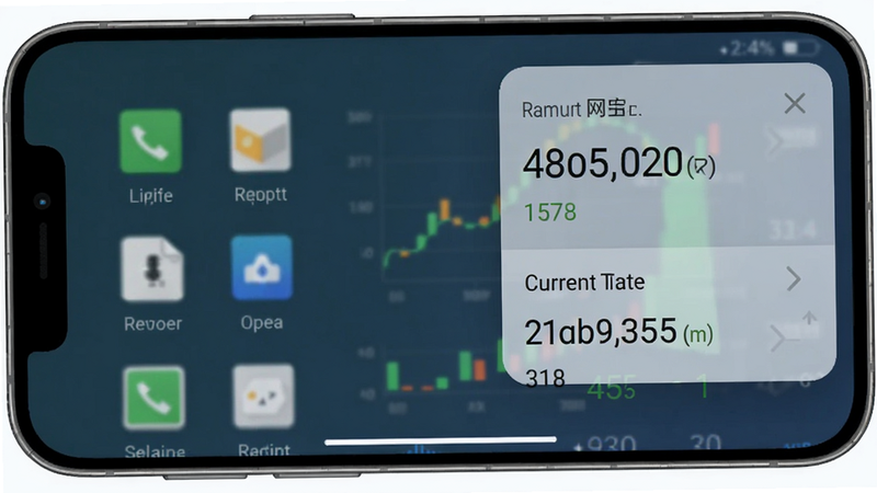 生成一张手机屏幕截图,显示流量统计大师的悬浮窗效果,悬浮窗显示实时网速和当前流量,半透明背景,位置在屏幕右上角,画质高清
