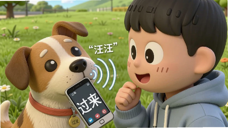主体:主人对着手机说话,手机发出'汪汪'声波,狗狗歪头聆听,布局三分构图,风格可爱动画,细节:手机屏幕有文字'过来',背景户外草地,画质高清,无多余元素
