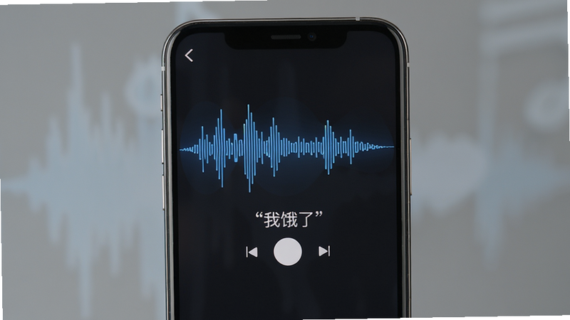 主体:手机应用界面显示录音波形和翻译结果'我饿了',布局居中,风格简洁科技,细节:波形动画和文字,背景纯色,画质清晰,无多余元素