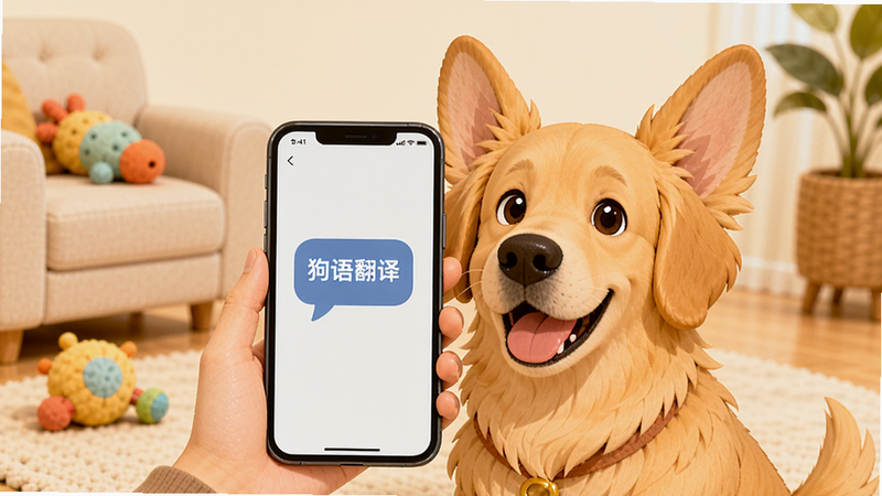 主体:一个人和一只金毛犬,手机屏幕上显示'狗语翻译'字样,布局居中,风格温馨卡通,细节:狗狗耳朵竖起,主人微笑,背景有沙发和玩具,画质高清,干净无多余元素