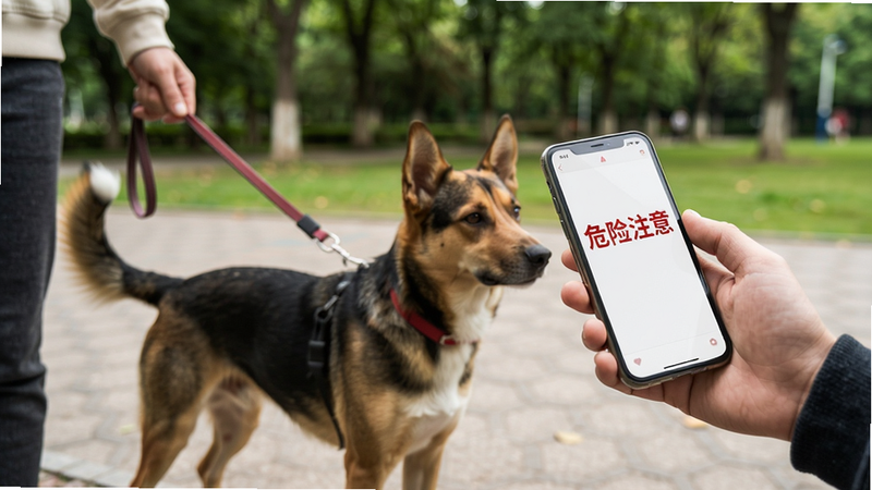 主体:公园场景,主人一手牵狗一手看手机,手机屏幕显示'危险注意'文字,布局侧拍,风格写实,细节:狗狗警惕姿势,背景树木,画质高清