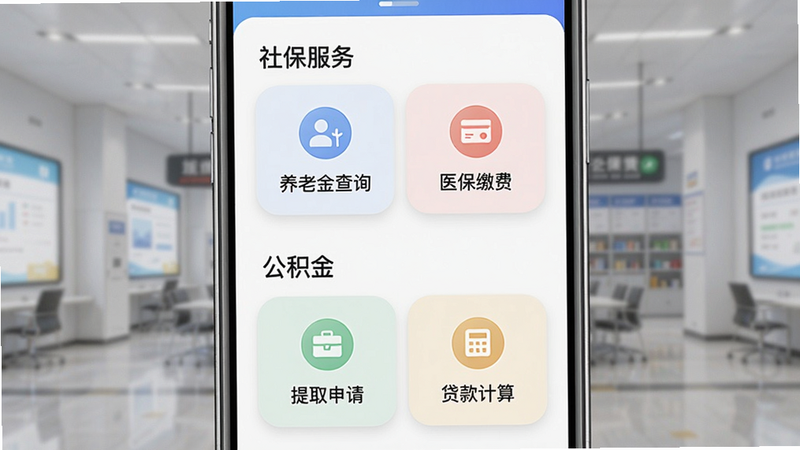 ����ͨappһվʽ���´������棬�ֻ���Ļ��ʾ�����б�����һ�С��籣�������С����Ͻ��ѯ������ҽ���ɷѡ��ȣ��ڶ��С����������С���ȡ���롱����������㡱�����ֲ��ÿ�Ƭʽ����ɫ��ͣ�ϸ�ڰ���Բ�Ǳ߿��ͼ�꣬���ʸߣ��ɾ��޶���Ԫ��