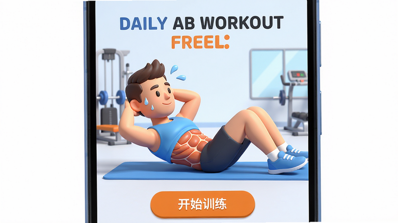 ���壺һ����׿�ֻ���Ļ��ʾDaily Ab Workout FREEӦ�ý��棬����������һλ����������������3D��ͨ�������Ϊ����������񡣲��֣��ֻ�ռ�ݻ������ģ���Χ���ס��Ű棺���涥����ʾ��DAILY AB WORKOUT���������ײ��С���ʼѵ������ť����񣺱�ƽ����΢3D��ϣ���������ɫ������+�ȣ���ϸ�ڣ����︹������������������ˮЧ�������ʣ�4K���壬��Ч��ͣ��ɾ��޶���Ԫ�ء�