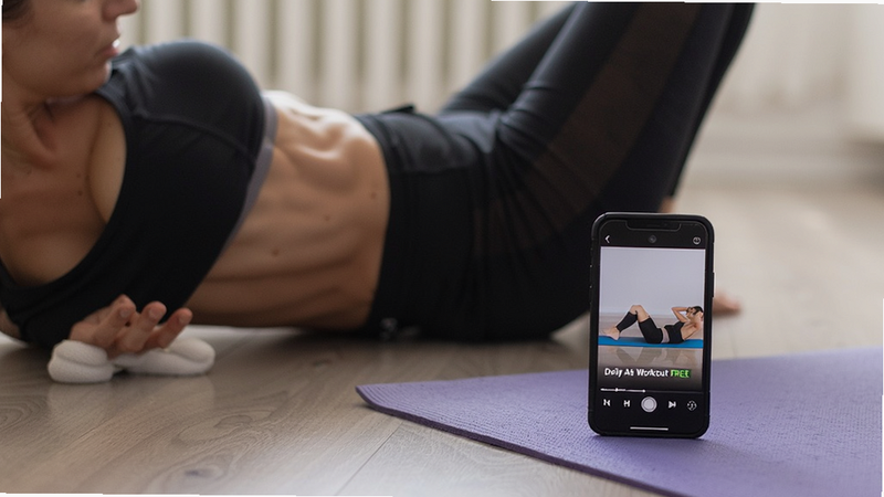 ���壺һλ�û����ڵذ������ֻ�����Daily Ab Workout FREEѵ����Ƶ���ֻ������٤���Աߣ���Ļ����ʾ�������������֣��Ӳ���45�Ƚ����㣬�ֻ���Ļ�����ɼ����Ű棺�������û�������ʱ�ֻ�����ֱ�����������ʵ�ģ���Ȼ���ߡ�ϸ�ڣ��û����˶�������������Լ���������ʣ����壬�����ɾ���������Ʒ��