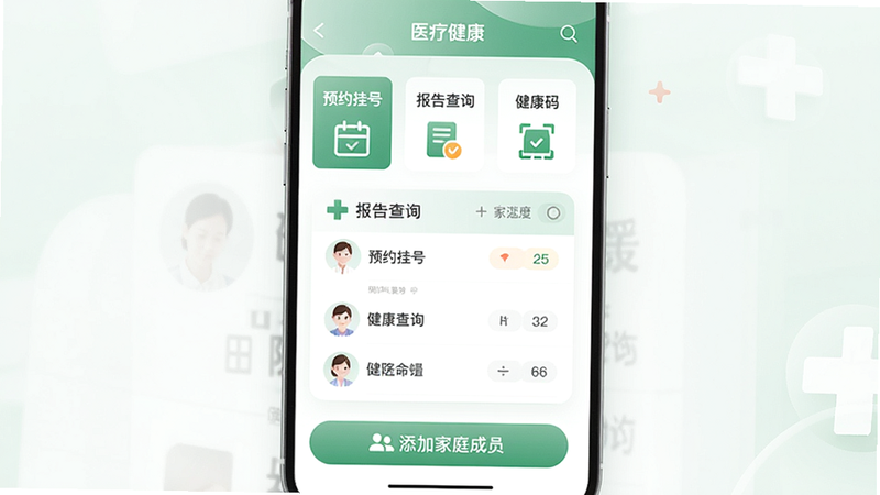 ����ͨAPP�ġ�ҽ�ƽ�����ҳ�棬��ʾ��ԤԼ�Һš��������ѯ���������롱��ģ�飬�м���һ��ҽԺ�б���Ƭ���ײ��С����Ӽ�ͥ��Ա����ť�������ͣ���ɫ���ɫ���䣬�Ű����롣