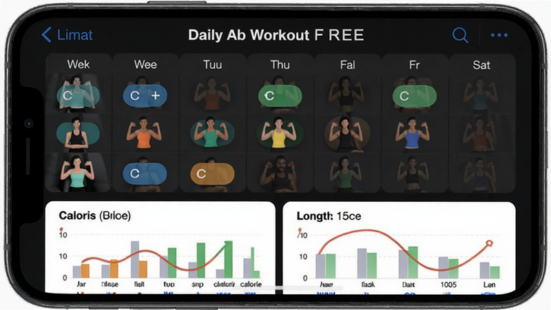 Daily Ab Workout FREE 进度统计界面,手机屏幕显示一周训练日历,不同颜色标记完成状态,下方有卡路里和时长图表,排版整齐,风格现代,画质清晰。