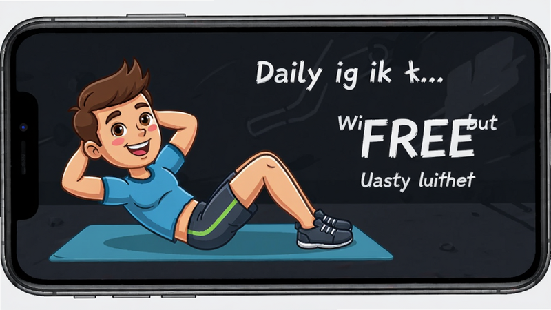 Daily Ab Workout FREE 训练动作演示界面,手机屏幕上显示一个卡通人物正在做卷腹动作,旁边有动作名称和次数提示,背景为深色,人物线条清晰,色彩鲜艳,排版整齐,画质干净无多余元素。