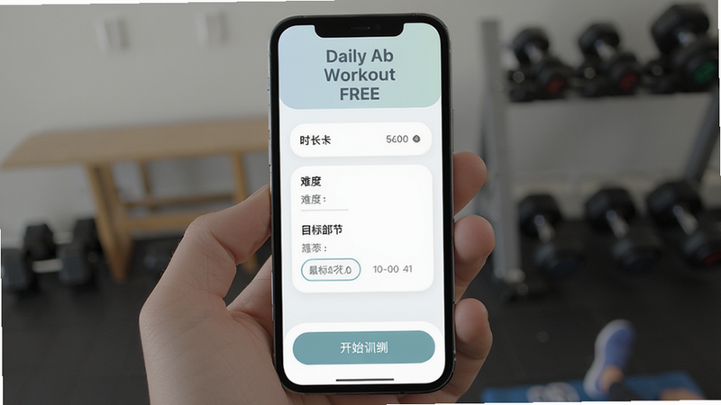Daily Ab Workout FREE 自定义计划界面,手机屏幕显示训练参数设置,包括时长、难度、目标部位等选项,底部有开始训练按钮,界面布局清晰,色彩柔和,画质高清。