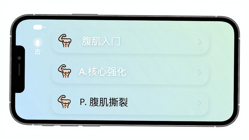 Daily Ab Workout FREE 主界面预览图,手机屏幕显示训练计划列表,包括腹肌入门、核心强化、腹肌撕裂等选项,背景浅色渐变,图标清晰,文字醒目,整体风格现代简洁,画质高清干净,无多余元素。