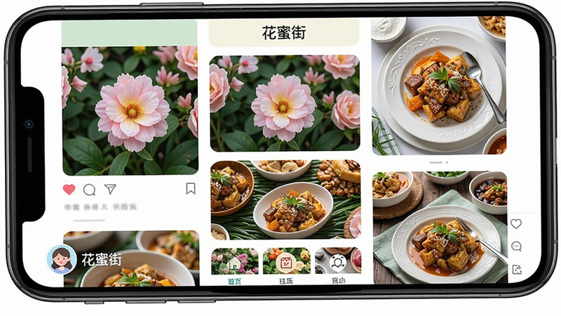 一张花蜜街社区广场界面截图,手机屏幕显示瀑布流信息,包含多张花卉和美食照片,用户头像和昵称在左下角,底部有导航栏,风格清新简洁,色彩明亮,文字“花蜜街”出现在顶部,画质清晰干净,无多余元素