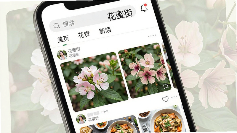 一张花蜜街应用主界面截图,手机屏幕显示首页信息流,包含多张用户分享的花卉和美食照片,顶部有搜索框和分类标签,整体风格清新自然,色彩柔和,画质清晰干净,无多余元素,屏幕中央上方有文字“花蜜街”