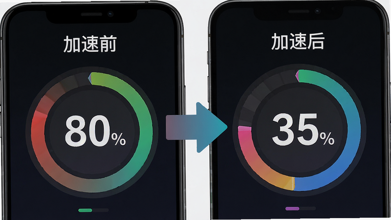 主体:手机屏幕显示内存加速前后对比效果,布局:左侧“加速前”占用80%,右侧“加速后”占用35%,中间箭头,排版:左右对称,数字醒目,风格:数据可视化图表,细节:色彩渐变,画质:高清,干净,无多余元素