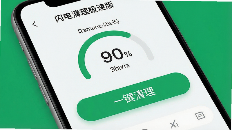主体:手机屏幕界面展示“闪电清理极速版”主界面,布局:中央一个大按钮“一键清理”,上方显示手机内存占用比例图,排版:干净简洁,无多余元素,风格:扁平化UI设计,浅色背景,细节:数字清晰,绿色与白色配色,画质:高清极清,干净,无多余元素