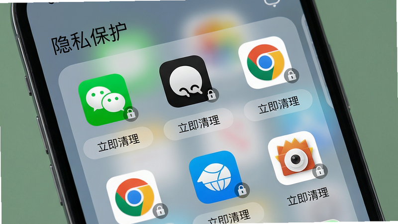 主体:手机屏幕显示隐私清理界面,布局:顶部标题“隐私保护”,中部列表显示微信、QQ、浏览器等图标,每个带“立即清理”按钮,排版:图标网格排列,风格:半透明毛玻璃效果,细节:每个图标下方有小锁标志,画质:高清,干净,无多余元素