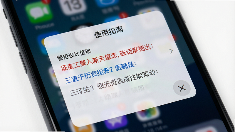 主体:手机屏幕显示“使用指南”弹窗,布局:弹窗内容列出上述三个警告提示,排版:分级标题,红色、蓝色、灰色文字突出,风格:系统级对话框风格,细节:有关闭按钮,画质:高清,干净,无多余元素