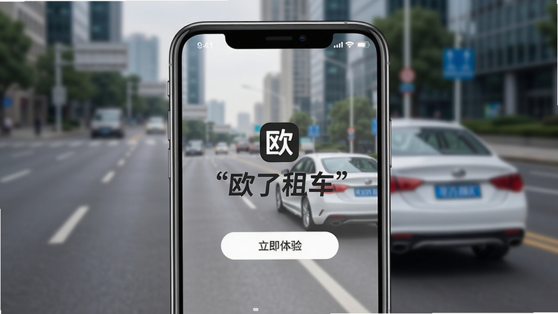 һ�������ֻ�����Ļ��ͼ����ʾ'ŷ���⳵'APP����ҳ���������黯�ĳ��е�·��һ����ɫ�γ�������������'ŷ���⳵'Logo��'��������'��ť���������ִ���Լ�������������ɾ��޶���Ԫ�أ����ּ�����