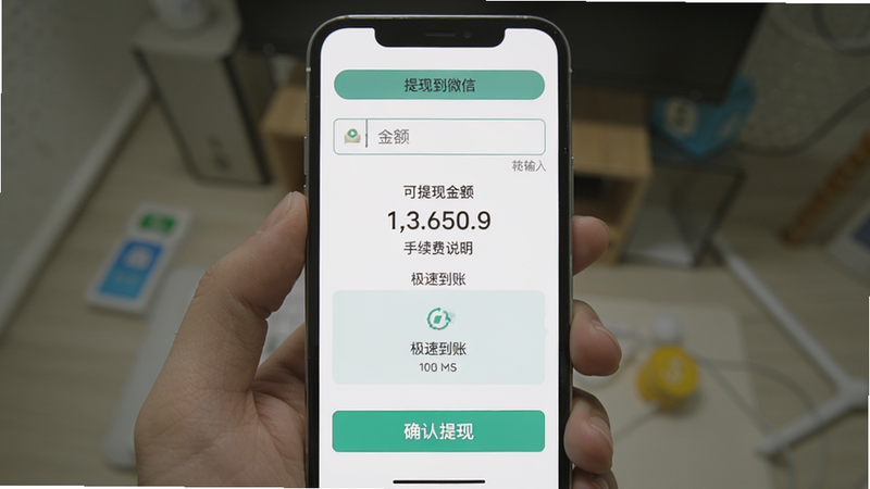 趣取钱提现界面截图,主体为手机屏幕显示提现页面,布局顶部有“提现到微信”选项和金额输入框,中间展示可提现金额和手续费说明,底部为“确认提现”按钮,排版规整,风格简洁,细节包括成功到账的动画提示和“极速到账”字样,画质清晰干净,无多余元素