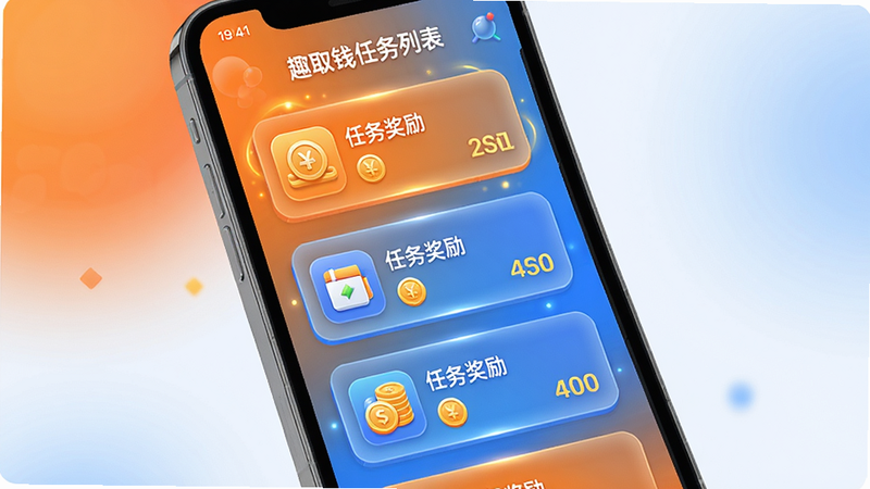 趣取钱任务列表界面,主体为手机屏幕展示任务瀑布流,布局每个任务以卡片形式呈现,包含任务图标、名称和金币奖励数,卡片之间留有间距,排版整齐,风格活泼(使用橙色和蓝色渐变背景),细节上卡片带有微光效,画质高清,干净无多余元素