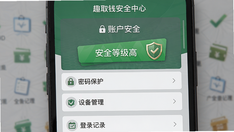 趣取钱安全中心界面,主体为手机屏幕展示“账户安全”等级页面,布局包括密码保护、设备管理、登录记录等模块,排版清晰,风格稳重(使用绿色和灰色为主色调),细节上显示“安全等级高”标识和盾牌图标,画质干净,无多余元素