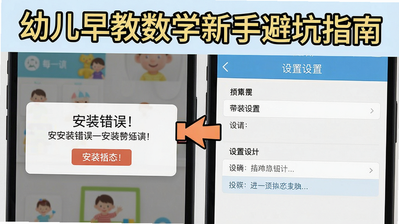 幼儿早教数学新手避坑指南截图,显示安装错误提示和设置界面,风格简洁,重点标注,画质清晰。