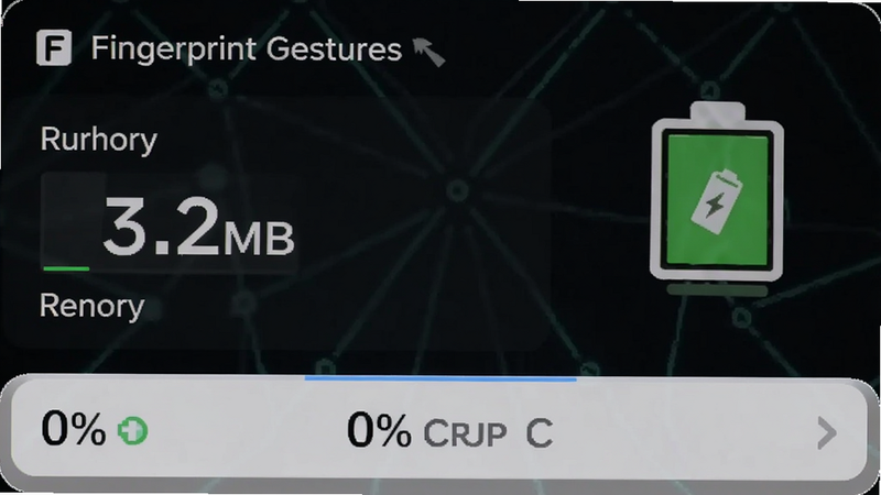 一张手机性能监控截图,显示Fingerprint Gestures后台运行的内存占用仅为3.2MB,CPU占用0%,背景有绿色电池图标表示省电,界面科技感,高清画质