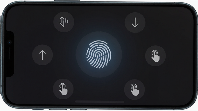 一张智能手机屏幕截图,显示Fingerprint Gestures应用界面,背景为深色渐变,中央有一个发光的指纹图标,周围环绕着各种手势模式标识,如向上滑动、向下滑动、双击等,界面简洁现代,高清画质,干净无多余元素