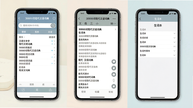 主体为手机屏幕上展示“30000词现代汉语词典”应用内多个界面拼图,左侧为搜索界面,中间为词条详情页,右侧为生词本界面。布局为三栏拼贴,风格统一简洁,色调柔和,细节包含搜索框、释义、收藏按钮等。画质高清,干净无多余元素。图片上的文字有“30000词现代汉语词典”、“生词本”等。