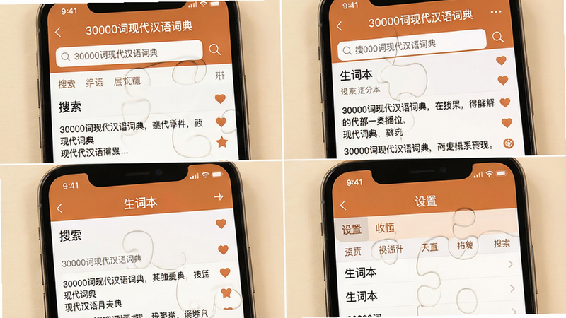 主体为手机屏幕上显示“30000词现代汉语词典”应用的四格拼图,分别展示搜索界面、词条详情、生词本和设置界面。布局为2x2网格,风格统一简洁,色调温馨,细节包含搜索框、释义文本、收藏图标等。画质高清,干净无多余元素。图片上的文字有“30000词现代汉语词典”、“搜索”、“生词本”等。