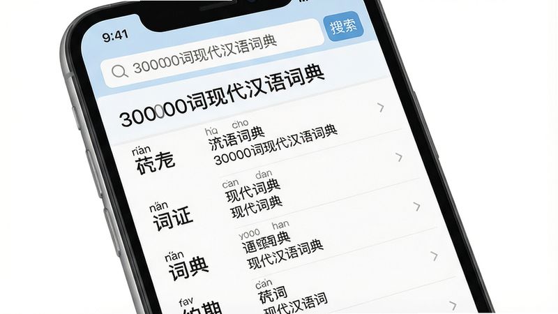 主体为一部手机屏幕,屏幕上显示“30000词现代汉语词典”应用主界面,顶部有搜索栏,搜索栏下方是词条列表,列表项包含词语、拼音和释义摘要。背景为纯白色,布局居中,风格扁平化现代,细节清晰,画质高清,干净无多余元素。图片上的文字有“30000词现代汉语词典”和“搜索”等。