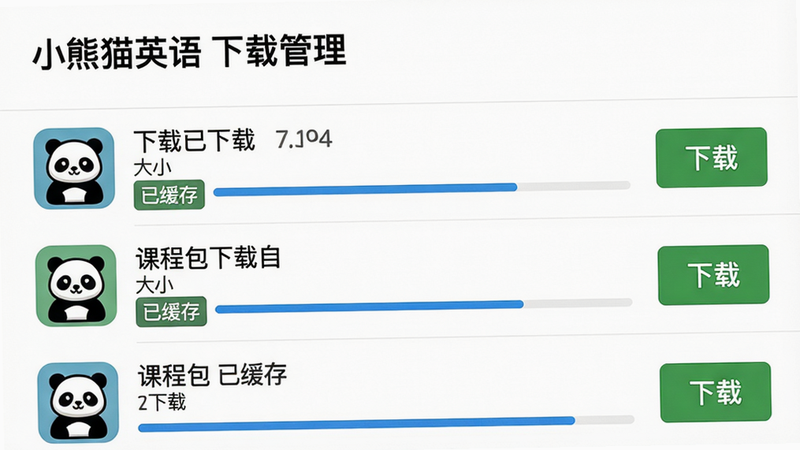 主体:小方熊猫英语的下载管理界面,列表显示已下载和可下载的课程包,每个包有下载进度条。布局:列表形式,每个条目包含图标、名称、大小和下载按钮。排版:文字左对齐,下载按钮为绿色。风格:清爽列表设计,背景白色。细节:已完成下载的条目有“已缓存”标签,未下载的显示“下载”按钮,进度条为蓝色。画质:干净无多余元素。