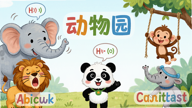 主体:小方熊猫英语的“动物园”课程场景,画面中有大象、狮子、猴子等卡通动物,每个动物旁有英文单词标签。布局:横向排列,动物分布在画面左右两侧,中央有一个小熊猫引导角色。排版:单词标签使用大号彩色字体,动物上方有气泡标注发音图标。风格:手绘卡通风格,颜色鲜艳但柔和。细节:大象的耳朵微微扇动,狮子在打哈欠,猴子在荡秋千。画质:干净无多余元素,分辨率高。