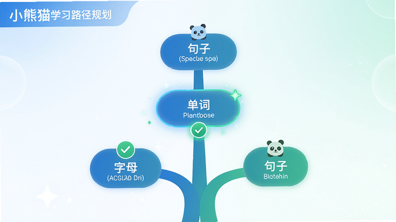 主体:小方熊猫英语的学习路径规划界面,以树形图展示从“字母”到“单词”到“句子”的成长路线。布局:树形图从底部向上延伸,每个节点带小图标。排版:节点名称用中英文双语标注,字体大小有层级。风格:简约科技风,配色以蓝色和绿色为主。细节:已完成节点有对勾标志,当前节点闪烁。画质:干净无多余元素。