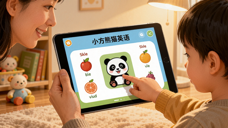 主体:亲子共同使用小方熊猫英语的场景,家长手持平板,孩子用手指点击屏幕上的熊猫图标。布局:画面中央是平板,左右两侧分别是家长和孩子的上半身。排版:平板屏幕上有“小方熊猫英语”的课程界面,显示水果单词。风格:温馨写实插画风格,暖色调灯光。细节:家长面带微笑,孩子专注,背景有书架和玩具。画质:干净无多余元素,高分辨率。