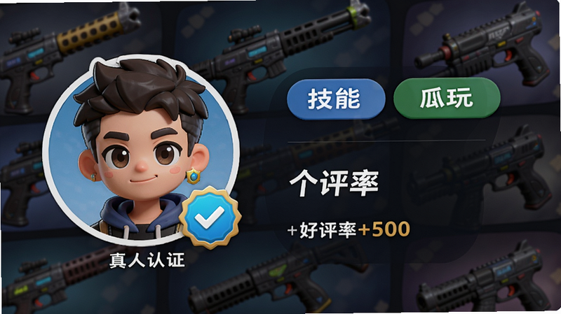主体为瓜皮约玩陪玩主页,布局左侧显示陪玩头像与认证标志,右侧展示技能标签、价格、好评率,背景为游戏武器或皮肤元素,风格精致卡通,细节包含“真人认证”徽章,画质细腻,干净无多余文字