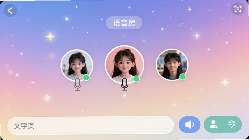 主体为瓜皮约玩语音聊天室界面,布局中央显示房间成员头像与麦克风状态,底部为文字聊天框与功能按钮,背景为柔和星空渐变,风格简洁明亮,细节有“语音房”标签,画质清晰,无多余元素