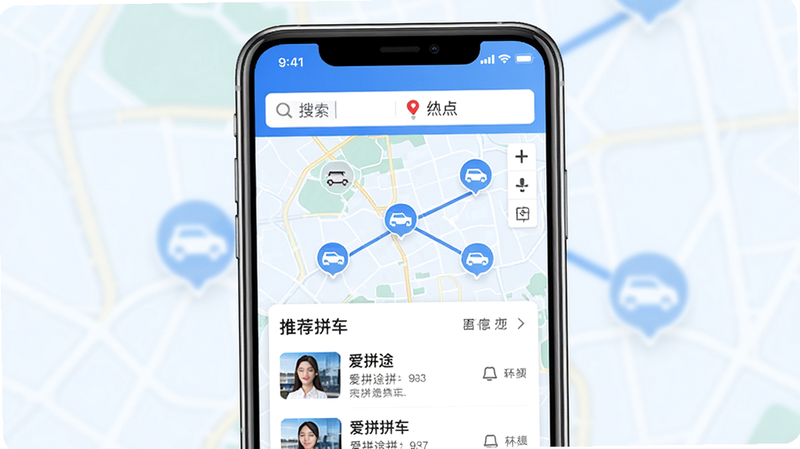 爱拼途拼车应用主界面预览图,展示城市地图与车辆图标,界面简洁明亮,蓝色主题,顶部搜索框输入起点终点,下方有推荐拼车路线列表,手机竖屏截图,高清画质,干净无多余元素,文字标注