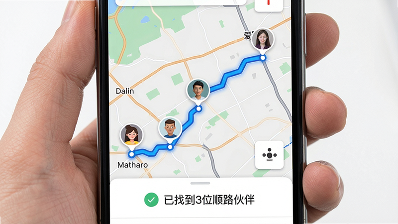 爱拼途智能路线匹配界面,手机屏幕上显示地图路线高亮,多个用户头像沿路线分布,蓝色线路连接起点终点,底部有匹配成功提示