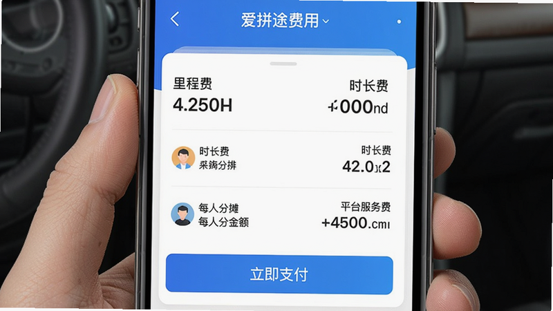爱拼途费用分摊界面,手机屏幕显示行程结束后费用明细,包括里程费、时长费、平台服务费,每人分摊金额明确,有