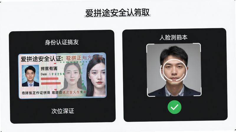 爱拼途安全认证界面,展示身份认证页面,包含身份证正反面拍照上传、人脸识别拍照区域,绿色对勾表示已认证,界面风格严谨,背景干净,画质高清