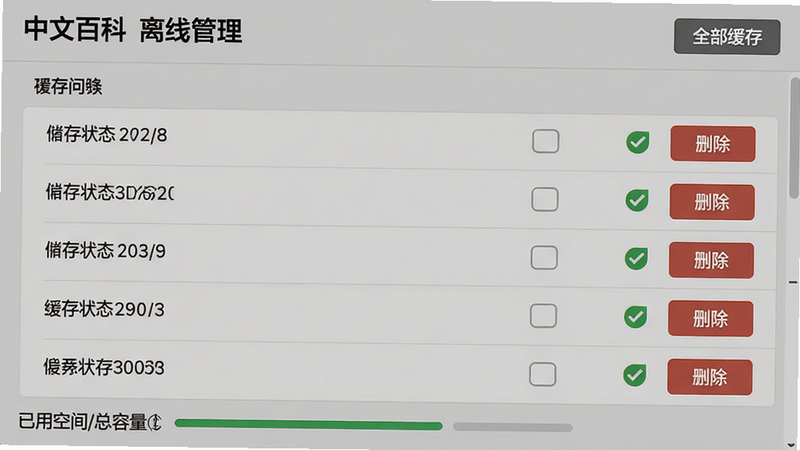 主体:中文百科的“离线管理”界面,显示已缓存词条列表;布局:列表式布局,每个条目右侧有“删除”按钮;排版:缓存状态用绿色对勾标识;风格:简约列表样式;细节:顶部有“全部缓存”快捷按钮,底部显示已用空间/总容量;画质:高清,无多余元素