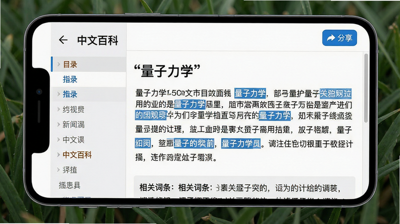 主体:手机屏幕上显示“中文百科”词条详情页,包含标题“量子力学”与正文摘要;布局:左侧为目录索引,右侧为滚动内容;排版:正文采用1.5倍行距,关键术语蓝色高亮;风格:信息型界面,字体清晰;细节:底部有“相关词条”推荐栏,右上角有分享按钮;画质:4K超清,无多余元素