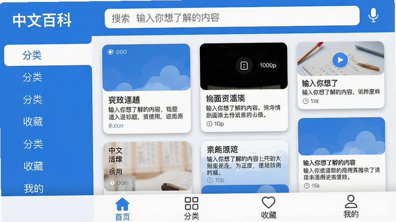 主体:中文百科应用主界面展示,左侧为分类导航栏,右侧为热门词条瀑布流;布局:上下结构,顶部搜索栏带麦克风图标,底部Tab栏有“首页”“分类”“收藏”“我的”四个图标;排版:卡片式词条预览,每张卡片包含标题与摘要文字;风格:扁平化设计,主打蓝白配色,图标线条圆润;细节:搜索框带有“输入你想了解的内容”字样,词条卡片边缘有轻微阴影;画质:高清1080p,干净无多余元素