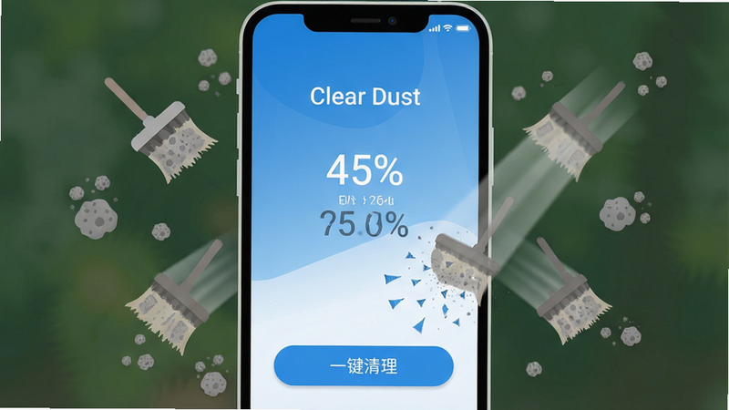 手机屏幕示意图,中间显示“Clear Dust”应用界面,主色调为蓝白渐变,底部有“一键清理”按钮,周围散落着灰尘颗粒图标被清扫的动态效果,布局居中,风格扁平化UI,细节包括清理百分比数值,画质高清干净,无多余元素