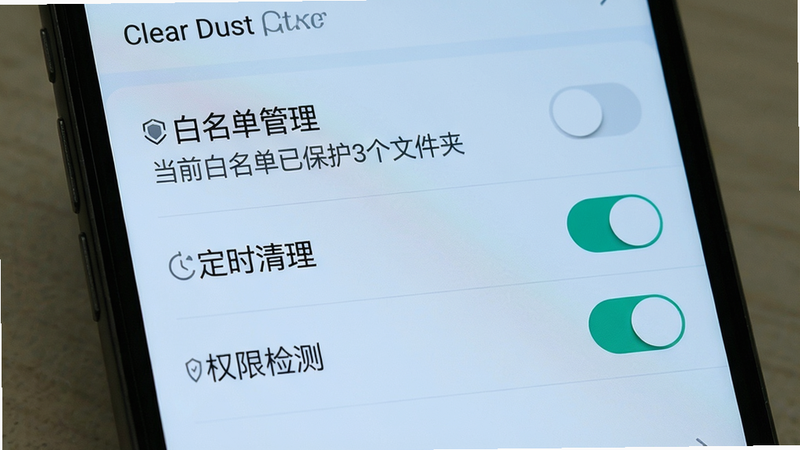 手机截图展示Clear Dust设置界面,有“白名单管理”、“定时清理”、“权限检测”三个选项开关,背景淡蓝色,布局列表式,风格简洁,细节包括“当前白名单已保护3个文件夹”文本,画质清晰干净